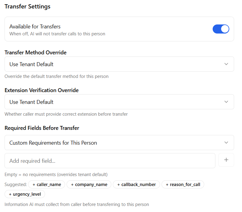 PhoneFlow per-user transfer settings with availability toggle, transfer method override, extension verification override, and required-field overrides